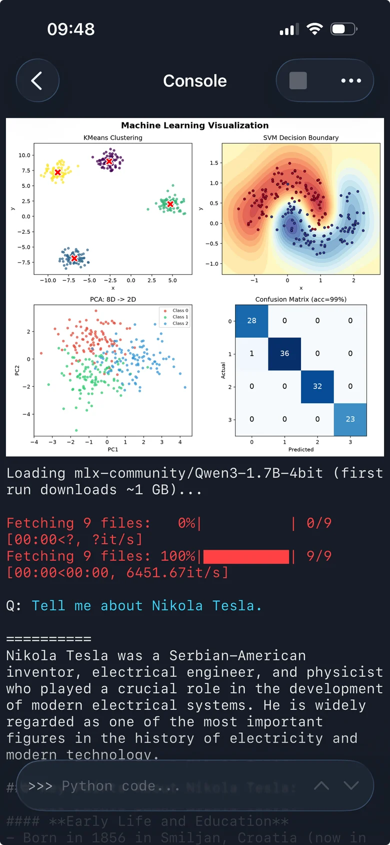 Plots and local model output in the Pythona console on iPhone