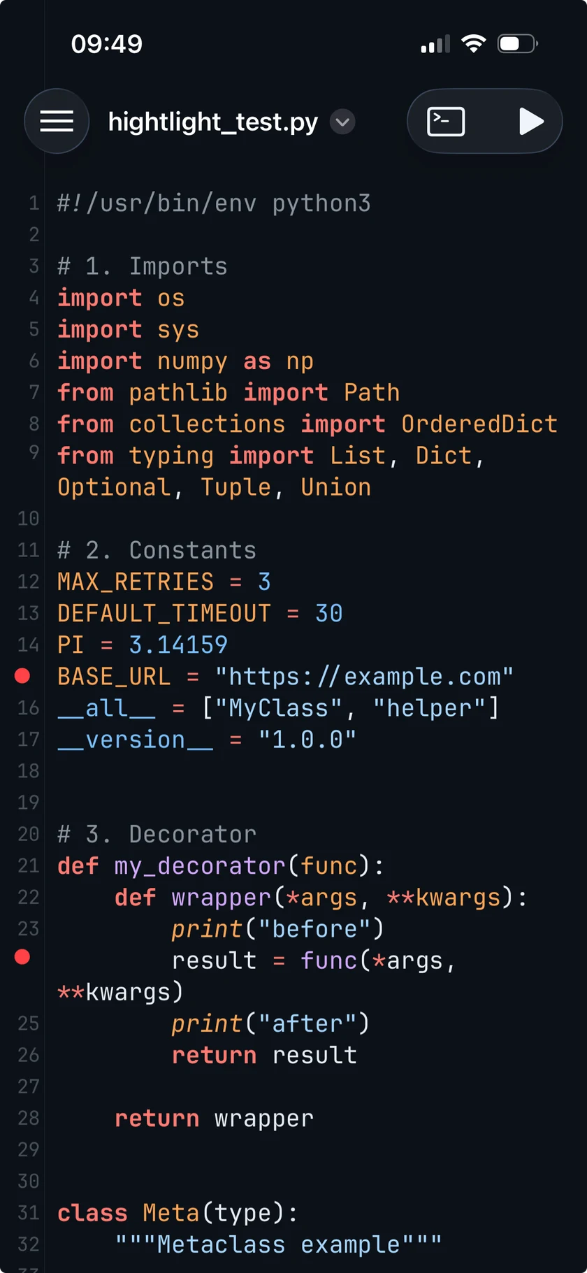 Python code in the Pythona editor on iPhone